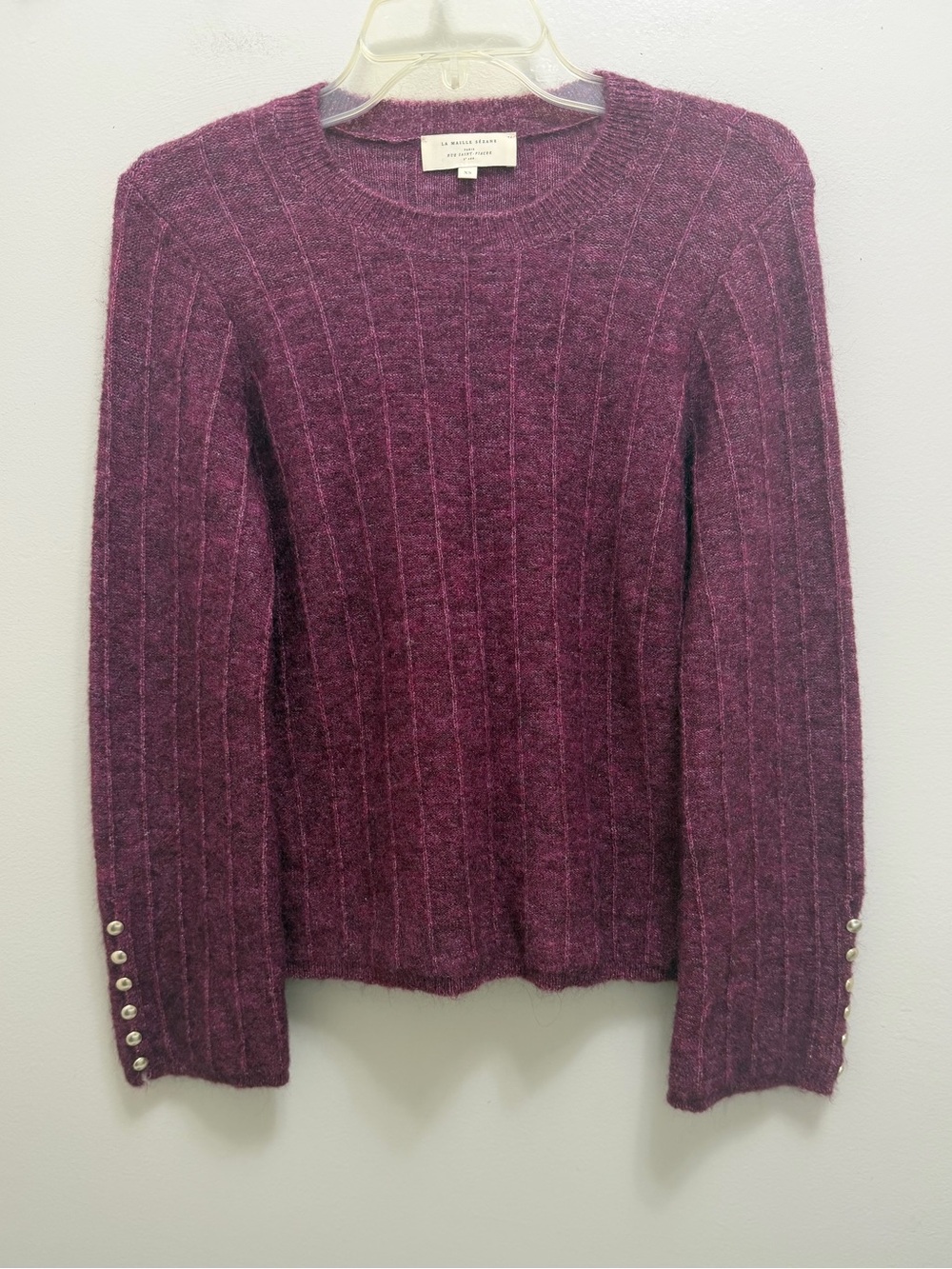 Sezane Joyce Jumper Sweater Merino Wool Mohair Gold Buttons in Grape Purple XS - Picture 4 of 12